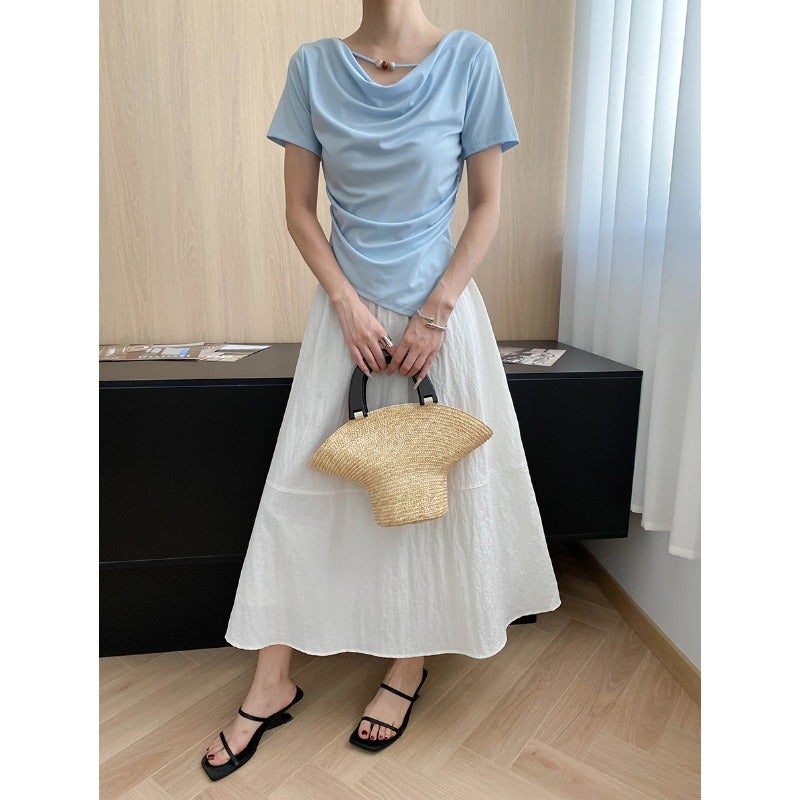 Sinan Gentle Secret Tencel Blended Design Beaded Swing Collar Slim Fit Short Sleeve T-Shirt Sn7712 - Image 1
