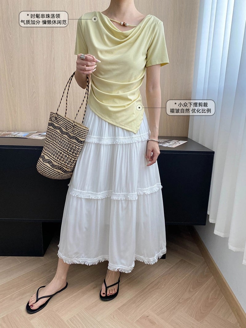 Sinan Gentle Secret Tencel Blended Design Beaded Swing Collar Slim Fit Short Sleeve T-Shirt Sn7712 - Image 4