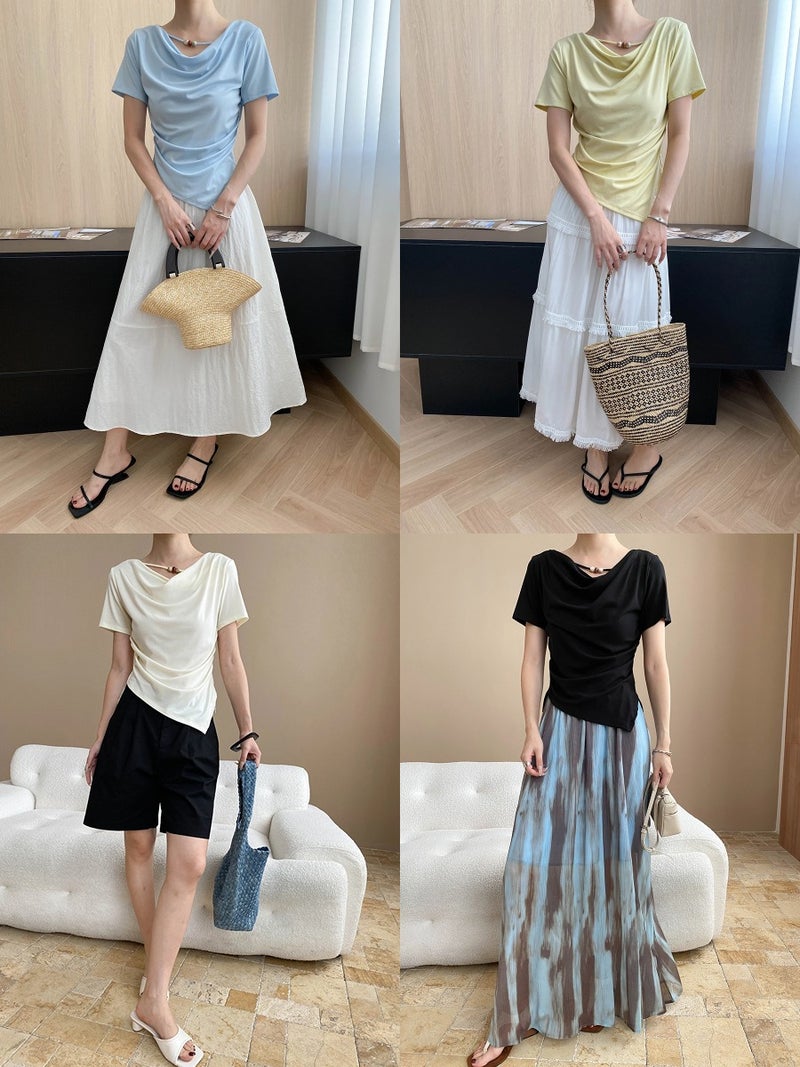 Sinan Gentle Secret Tencel Blended Design Beaded Swing Collar Slim Fit Short Sleeve T-Shirt Sn7712 - Image 3