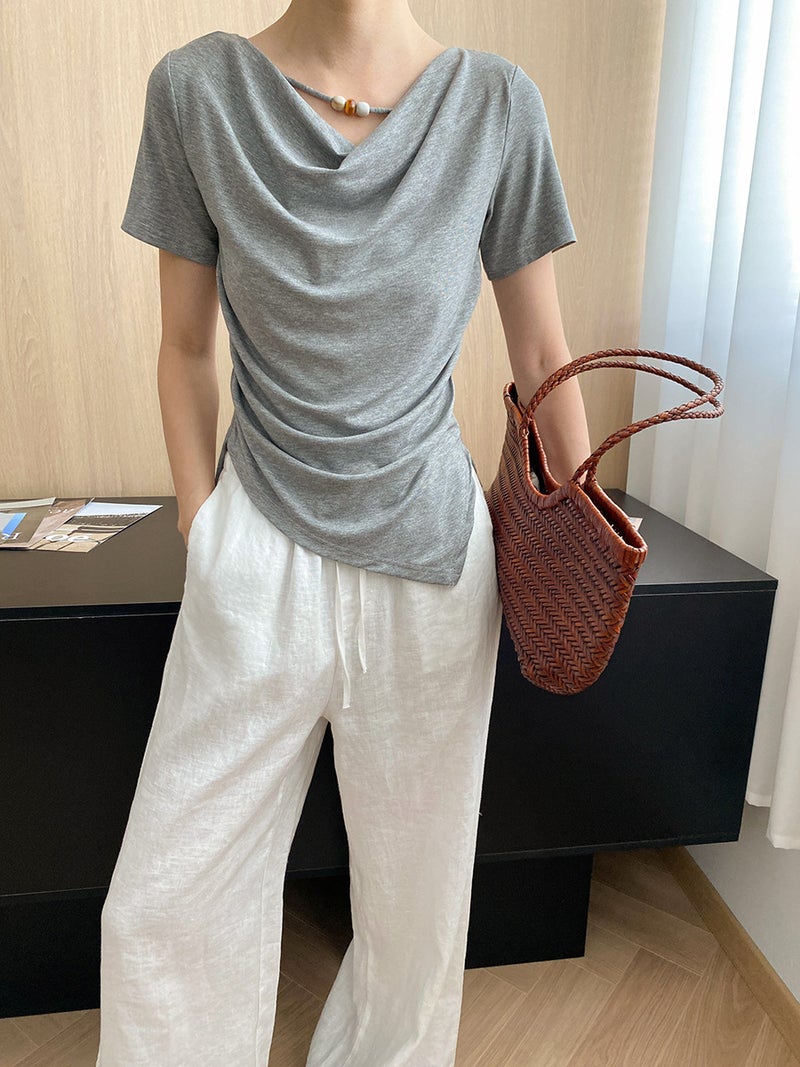 Sinan Gentle Secret Tencel Blended Design Beaded Swing Collar Slim Fit Short Sleeve T-Shirt Sn7712 - Image 2