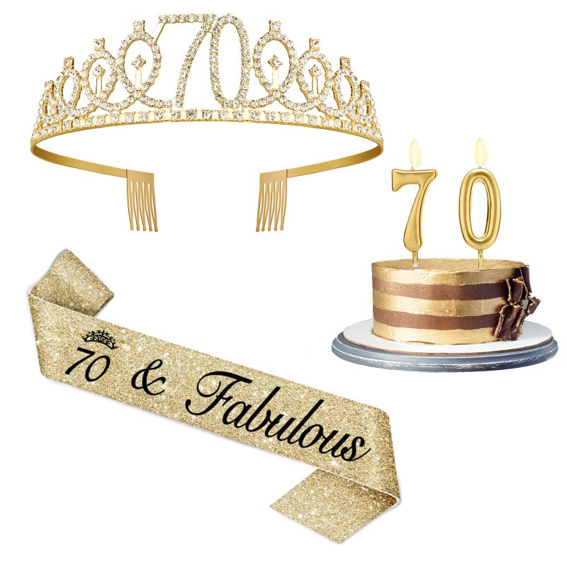 Juesly 70th Birthday Decorations for Women Gold with Sash and Tiara, Gold Number Candles, 70th Birthday Gifts for Women - Image 1