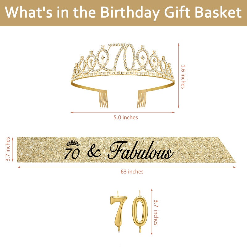 Juesly 70th Birthday Decorations for Women Gold with Sash and Tiara, Gold Number Candles, 70th Birthday Gifts for Women - Image 4