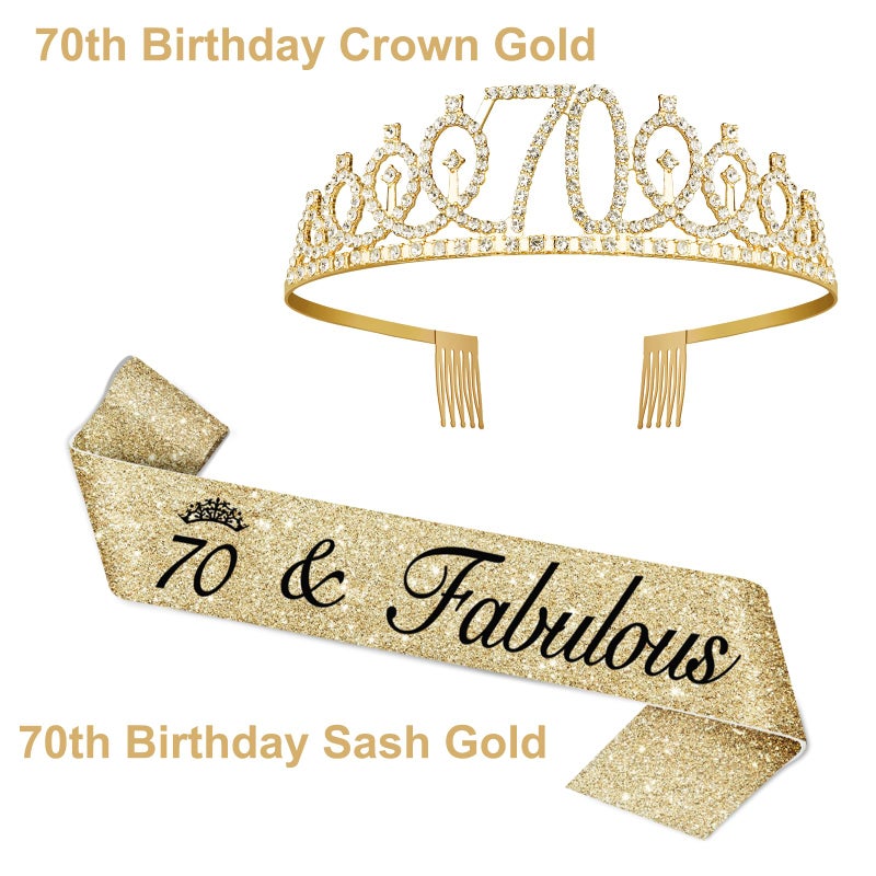 Juesly 70th Birthday Decorations for Women Gold with Sash and Tiara, Gold Number Candles, 70th Birthday Gifts for Women - Image 3