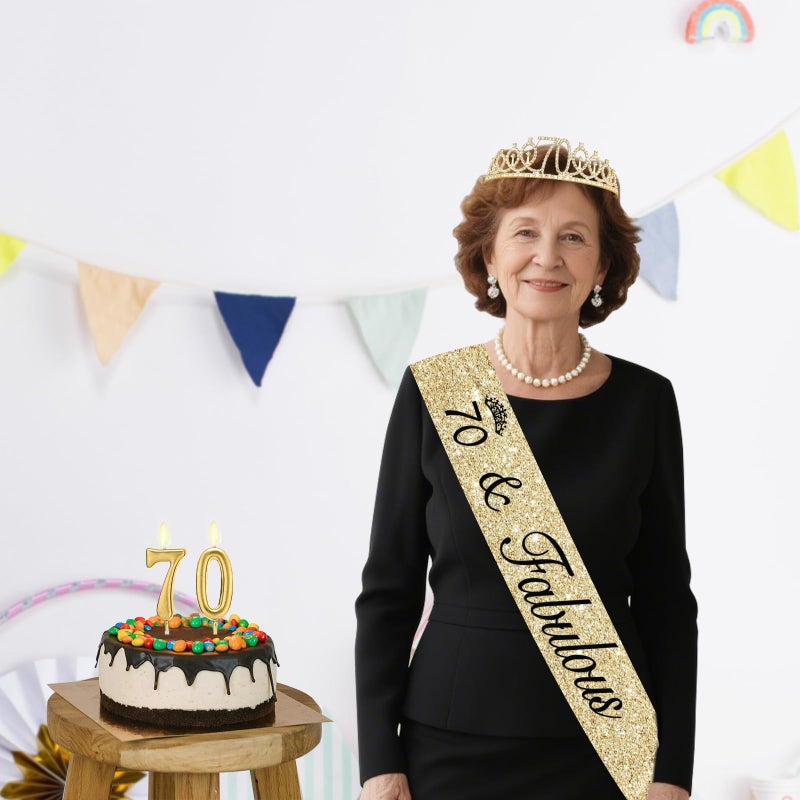 Juesly 70th Birthday Decorations for Women Gold with Sash and Tiara, Gold Number Candles, 70th Birthday Gifts for Women - Image 5
