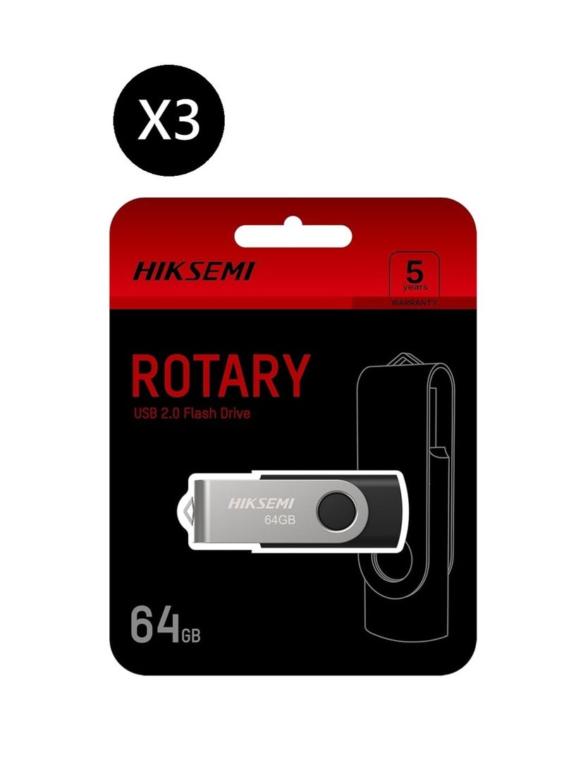 HIKSEMI Bundle Of 3 64GB USB 2.0 Spinning Pen Drive, Silver/Black | HS-USB-M200S 64G |