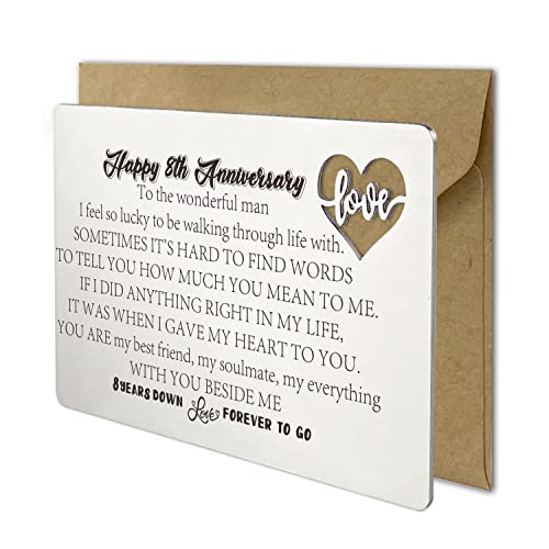 YODOCAMP Happy Eighth 8th Wedding Anniversary Cards Gift for Men, 8 Years Anniversary Card Gifts for Men Husband Him From Wife, Love Note Engraved Metal Wallet Insert Card - Image 1