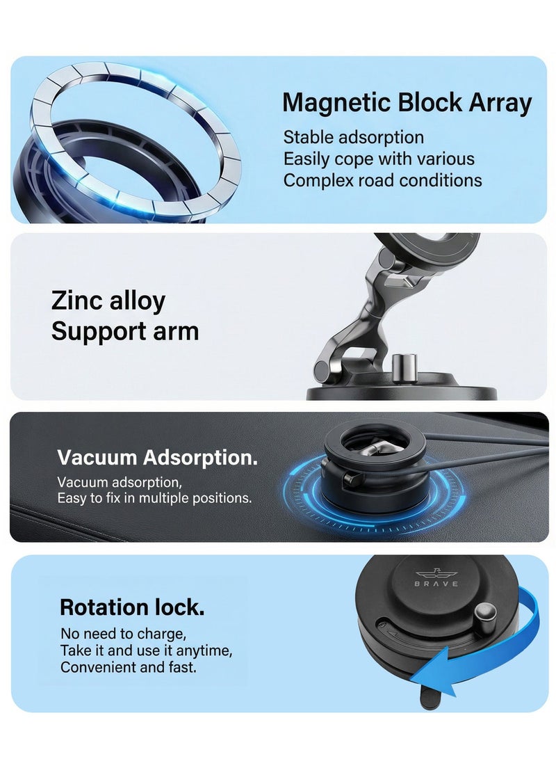 بريف حامل سيارة MagSafe – حامل هاتف مغناطيسي مع شفط فراغي وقفل فوري، حامل مطور ٥ في ١ قابل للطي من سبائك الزنك لتيسلا، لوحة القيادة، الزجاج الأمامي، شاشة المعلومات والطاولة، دوران ٣٦٠°، مغناطيس قوي، حامل سيارة عالمي لهواتف iPhone Air، iPhone 17/16/15/14/13، Samsung Galaxy S25/S24/S23 Ultra وجميع أجهزة MagSafe – أسود - Image 4