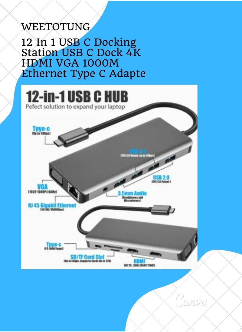 WEETOTUNG - 12 In 1 USB C Docking Station USB C Dock 4K HDMI VGA 1000M Ethernet Type C Adapter - Image 1