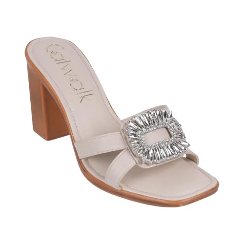 Catwalk Women Stylised Open Back Chunky Heels | For Women & Girls (Beige,5 UK) - Image 1