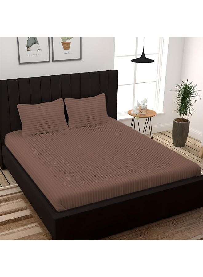 BYFT Tulip (Brown) Queen Size Flat Sheet and Pillow Covers with 1cm Satin Stripe (Set of 3Pcs) Cotton, Soft and Luxurious Hotel Quality Bed linen-300TC - Image 1