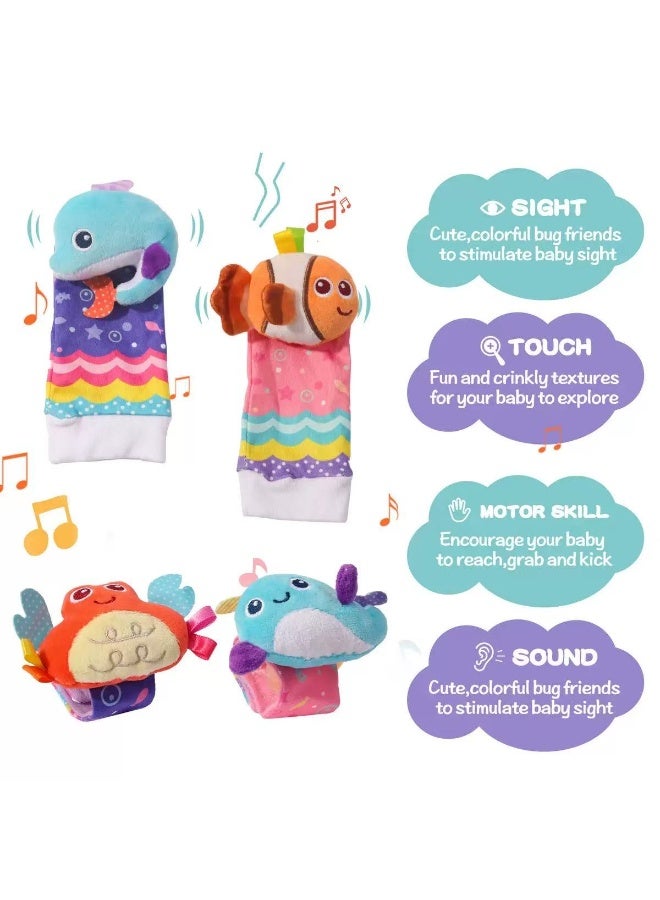 4Pcs Baby Cartoon  Animal Wrist Rattles & Foot Finder Socks Set – Soft Infant Wristbands and Socks for Early Learning & Sensory Development - Image 3