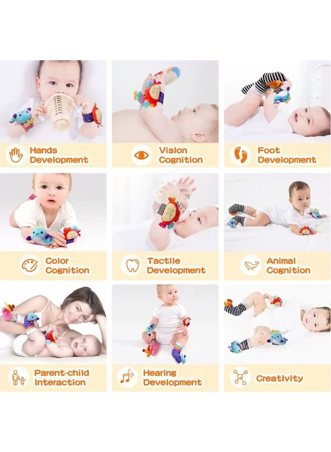4Pcs Baby Cartoon  Animal Wrist Rattles & Foot Finder Socks Set – Soft Infant Wristbands and Socks for Early Learning & Sensory Development - Image 2