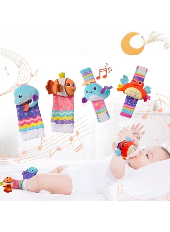4Pcs Baby Cartoon  Animal Wrist Rattles & Foot Finder Socks Set – Soft Infant Wristbands and Socks for Early Learning & Sensory Development - Image 1