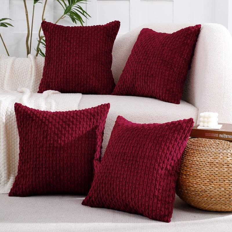 VAKADO Couch Christmas Decorative Throw Pillow Covers Corduroy 18x18 Set of 4 Red Home Living Room Neutral Rustic Farmhouse Cushion Case Decor Boho Square for Bed Sofa - Image 3