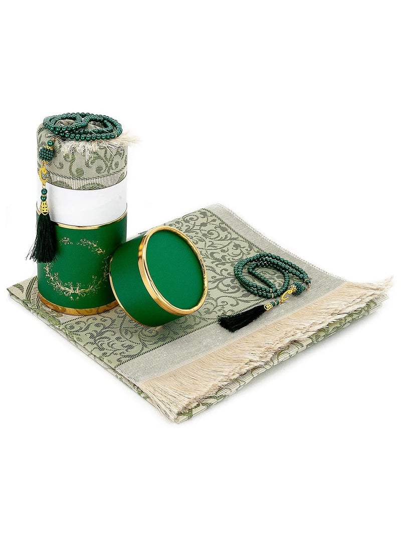 DubaiGallery Muslim Prayer Rug and Prayer Beads with Elegant Cylinder Gift Box | Janamaz | Sajadah | Soft Islamic Prayer Rug | Islamic Gifts Set | Prayer Carpet Mat, Taffeta Fabric - Image 1
