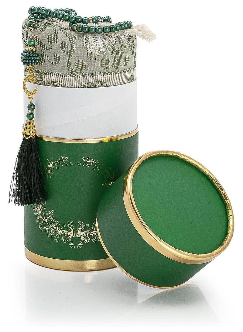 DubaiGallery Muslim Prayer Rug and Prayer Beads with Elegant Cylinder Gift Box | Janamaz | Sajadah | Soft Islamic Prayer Rug | Islamic Gifts Set | Prayer Carpet Mat, Taffeta Fabric - Image 3