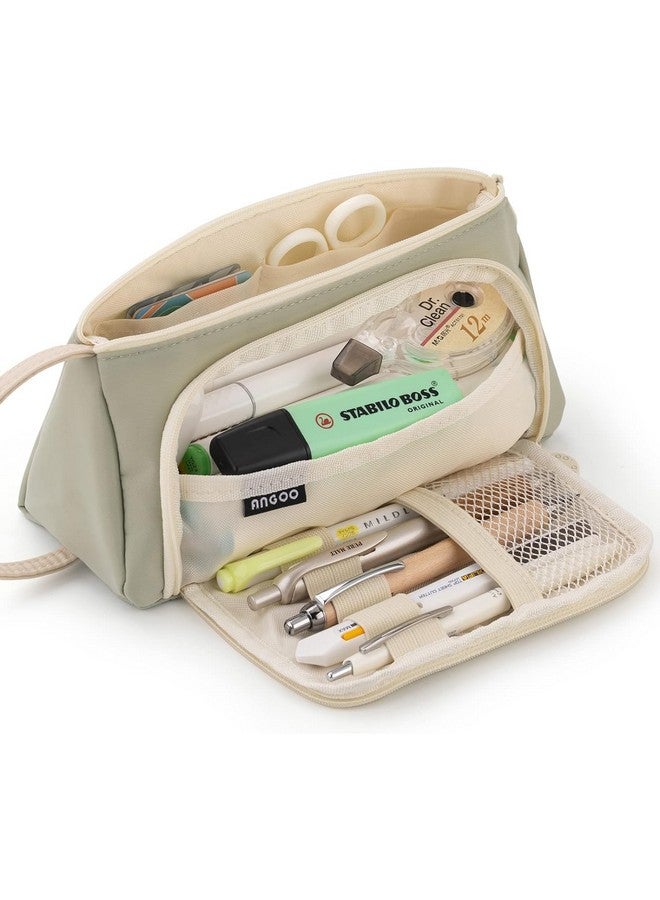 DROPOSALE Canvas Big Pencil Case Zipper Pouch Pencil Case Student Pencil Pouch Coin Pouch Cosmetic Bag Office Stationery Organizer For Teen School (Beige Zoom Light Green) - Image 1