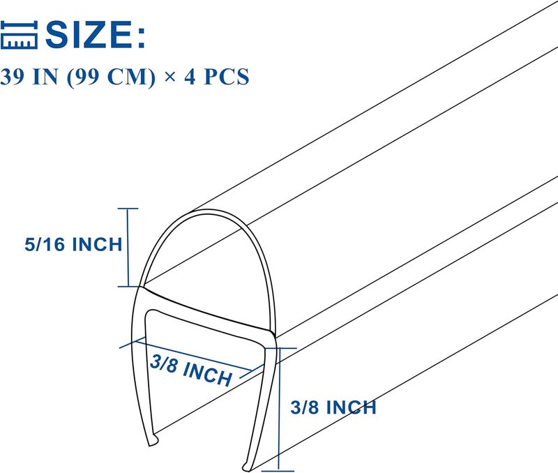 EAISMON Frameless Shower Door Seal Strip 4 Pack x 39 Inch U for 3/8" Thick Glass Shower Door Side Seal Strip Bottom Seal Door Sweep Ultra Clear Polycarbonate, Stop Shower Leaks Create A Water Barrier - Image 4