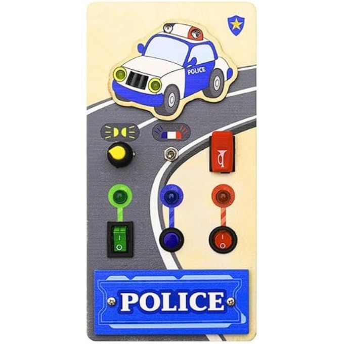 POLICE CAR BUSY BOARD FOR TODDLERS – WOODEN SENSORY ACTIVITY BOARD FOR KIDS AGE 3+ – MONTESSORI TOY WITH LIGHTS, SOUNDS & MOVING PARTS - Image 1