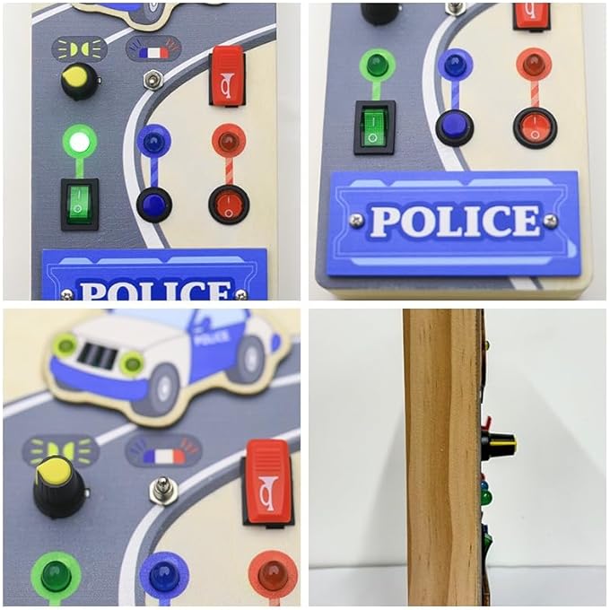POLICE CAR BUSY BOARD FOR TODDLERS – WOODEN SENSORY ACTIVITY BOARD FOR KIDS AGE 3+ – MONTESSORI TOY WITH LIGHTS, SOUNDS & MOVING PARTS - Image 3