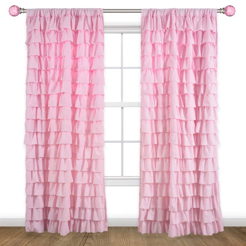 Kotile Pink Ruffle Curtain 84 Inches Long 1 Panel Shabby Chic Gypsy Layered Ruffled Curtain Panel for Living Room Rod Pocket Privacy Light Filtering Ruffle Window Curtain W52 x L84 Inch