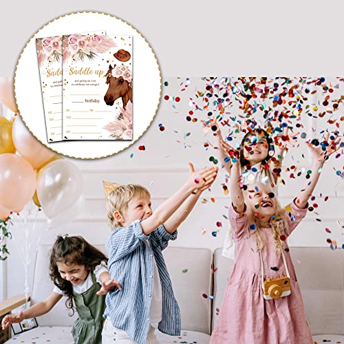 Foosproea Horse Birthday Invitations with Envelopes - Cowgirl Party Invitation Card for Girls - Boho Pink Pampas Grass Fill-in Invites Cards - Pony Party Celebration (20 Pack)-03 - Image 4
