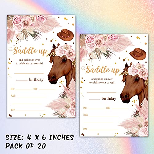 Foosproea Horse Birthday Invitations with Envelopes - Cowgirl Party Invitation Card for Girls - Boho Pink Pampas Grass Fill-in Invites Cards - Pony Party Celebration (20 Pack)-03 - Image 2