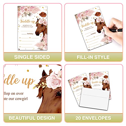 Foosproea Horse Birthday Invitations with Envelopes - Cowgirl Party Invitation Card for Girls - Boho Pink Pampas Grass Fill-in Invites Cards - Pony Party Celebration (20 Pack)-03 - Image 3