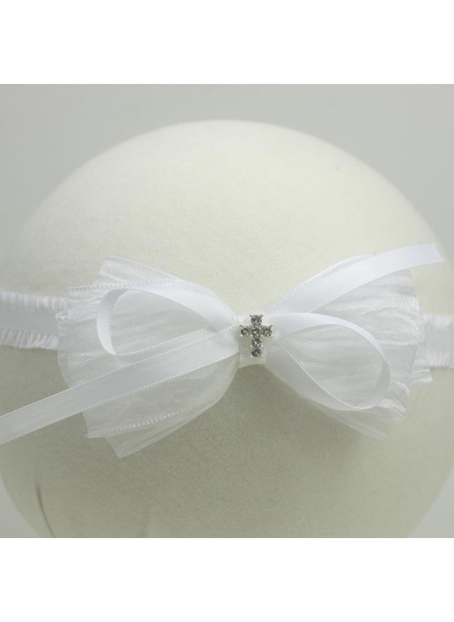 Nihao Baby White Organza Bow Headband for Toddler (0-6 months) - Handmade Bow for Baptism, Christening, First Communion, Weddings, Baby Shoots, Birthdays and more  - Image 4