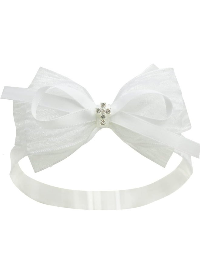 Nihao Baby White Organza Bow Headband for Toddler (0-6 months) - Handmade Bow for Baptism, Christening, First Communion, Weddings, Baby Shoots, Birthdays and more  - Image 1