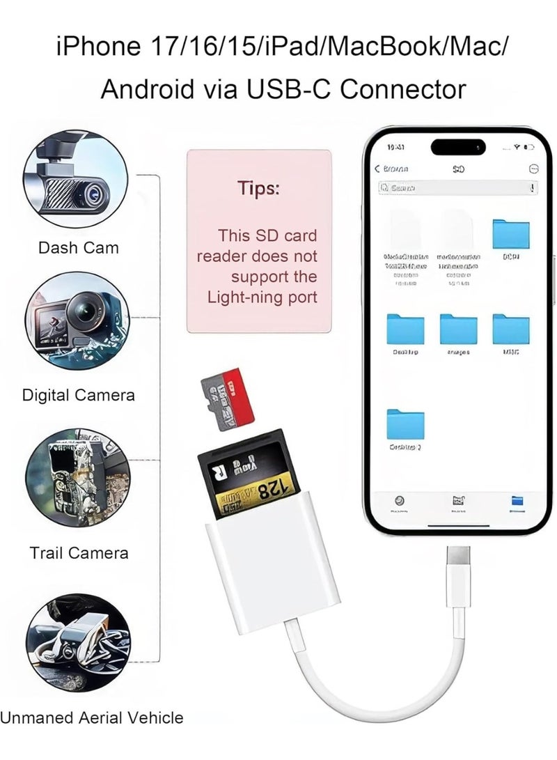 SD Card Reader for iPhone 15/16/17 Series Dual Slot USB 3.0 Memory Card Reader Portable USB C to SD Micro SD/TF Card Adapter for iPad Pro MacBook Android Camera Laptop Plug and Play - Image 3