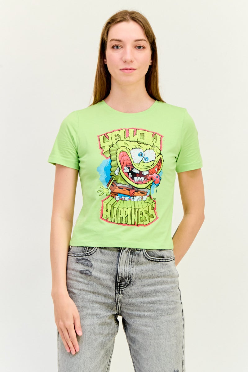 Only x Spongebob Women Crew Neck Graphic Print T-Shirt, Apple Green - Image 1