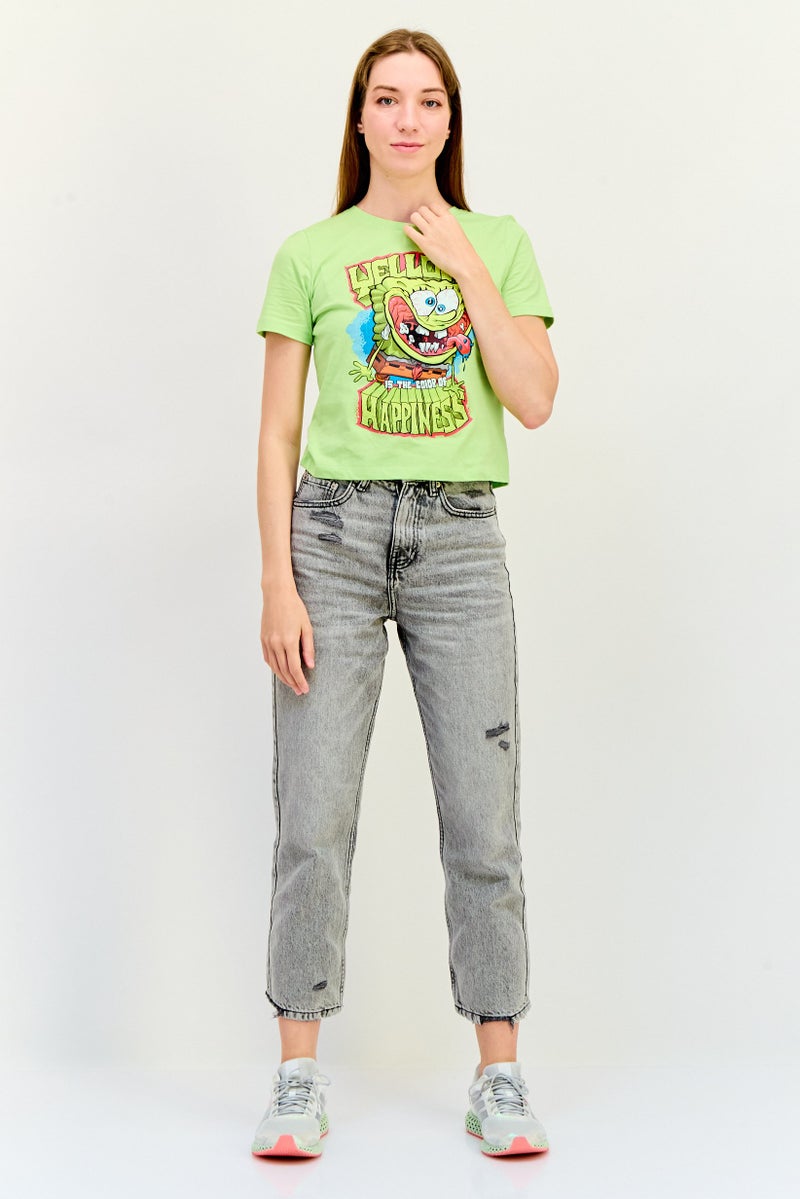 Only x Spongebob Women Crew Neck Graphic Print T-Shirt, Apple Green - Image 3