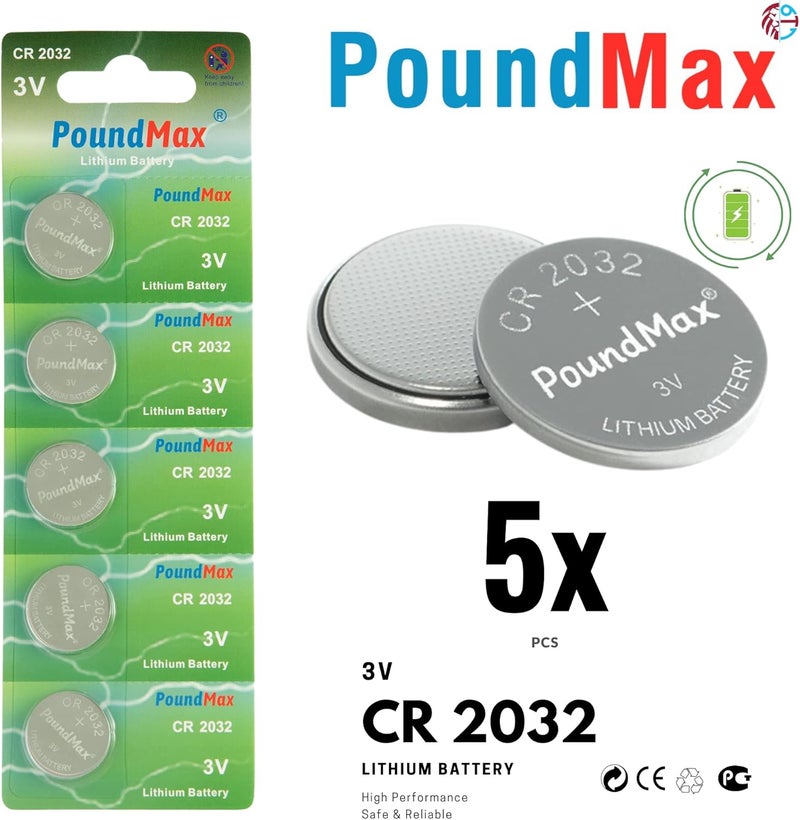 PoundMax CR2032 Lithium Coin Cell Battery - 5 Pack, 3V Long-Lasting Power for Watches, Calculators, and Toys - Image 2