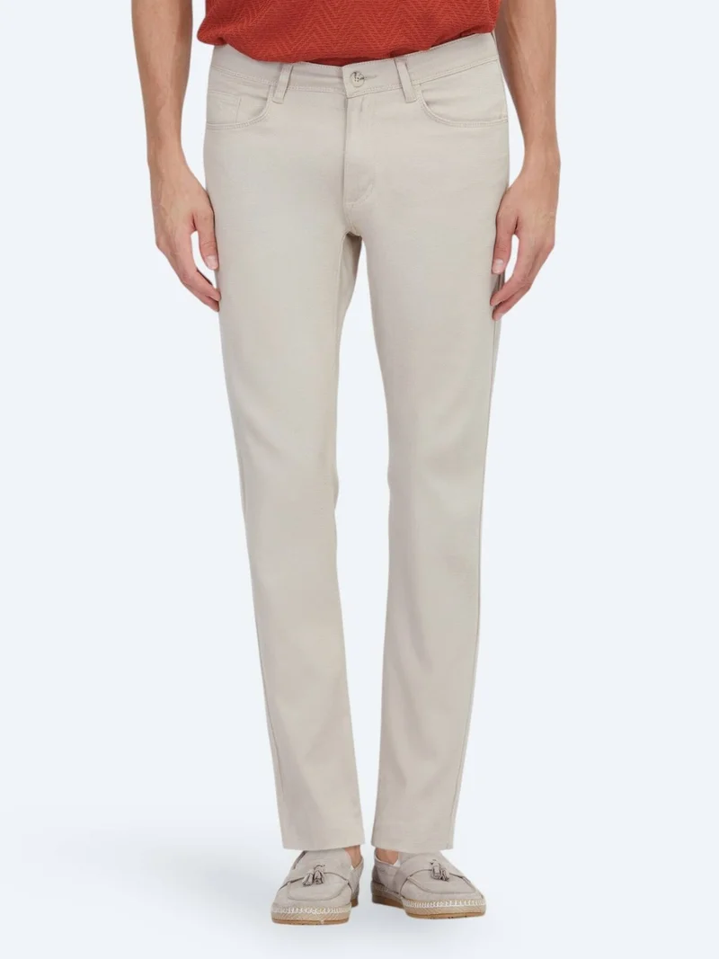 Kip Beige Weaving Slim Fit Casual Cotton Blended Trousers