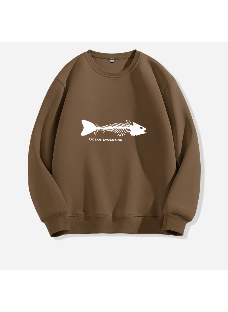 Generic Simple Mens Autumn/winter Round Neck Sweatshirt Fishbone Print Long Sleeve Pullover Top Trendy Casual Comfortable Wear Brown  - Image 1