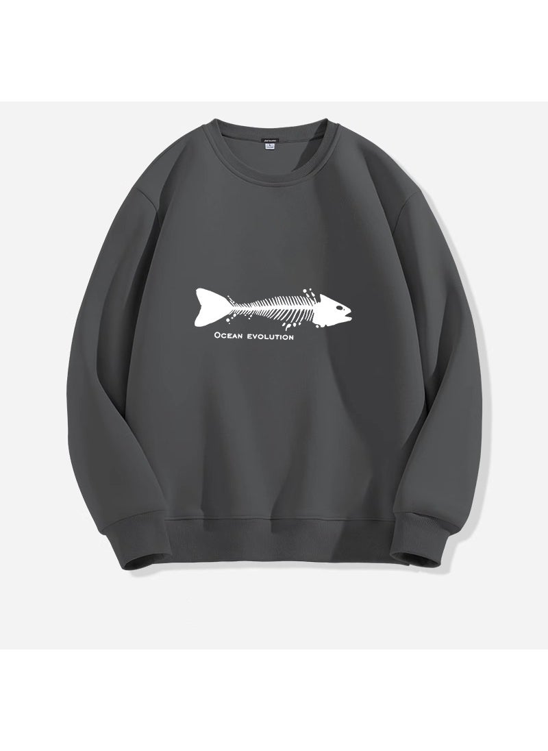 Generic Simple Mens Autumn/winter Round Neck Sweatshirt Fishbone Print Long Sleeve Pullover Top Trendy Casual Comfortable Wear Brown  - Image 5