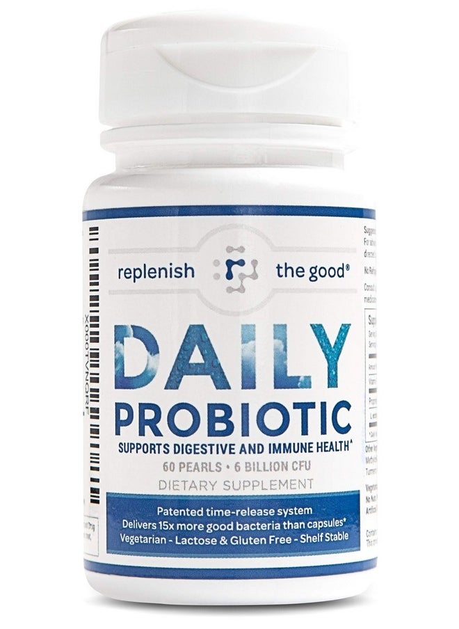 Replenish the Good - Daily Adults’ Probiotic ; Vegan Supplement W/ 6 Billion Cfu ; Supports Digestive Health ; Delivers 15X More Good Bacteria ; Relieves Gas Bloated Stomach & Acid Reflux ; 60 Pearls - Image 1