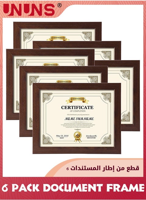 إطار مستند مقاس 8.5 × 11.7، مجموعة من 6 إطارات شهادة مستند، إطارات صور للحائط وسطح الطاولة، بني