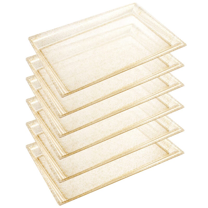 I00000 6 Pack Gold Glitter Plastic Serving Tray, 15" x 10" Crooked Food Trays, Clear Disposable Serving Platter for Parties, Weddings - Image 1