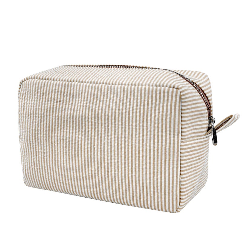 GFU Cosmetic Bags for Women, Seersucker Cosmetic Bag, Travel Toiletry Stripe Makeup Bag, Large Women Aesthetic Organizer Storage Pouch, Girls Handbags Purses, brown - Image 1