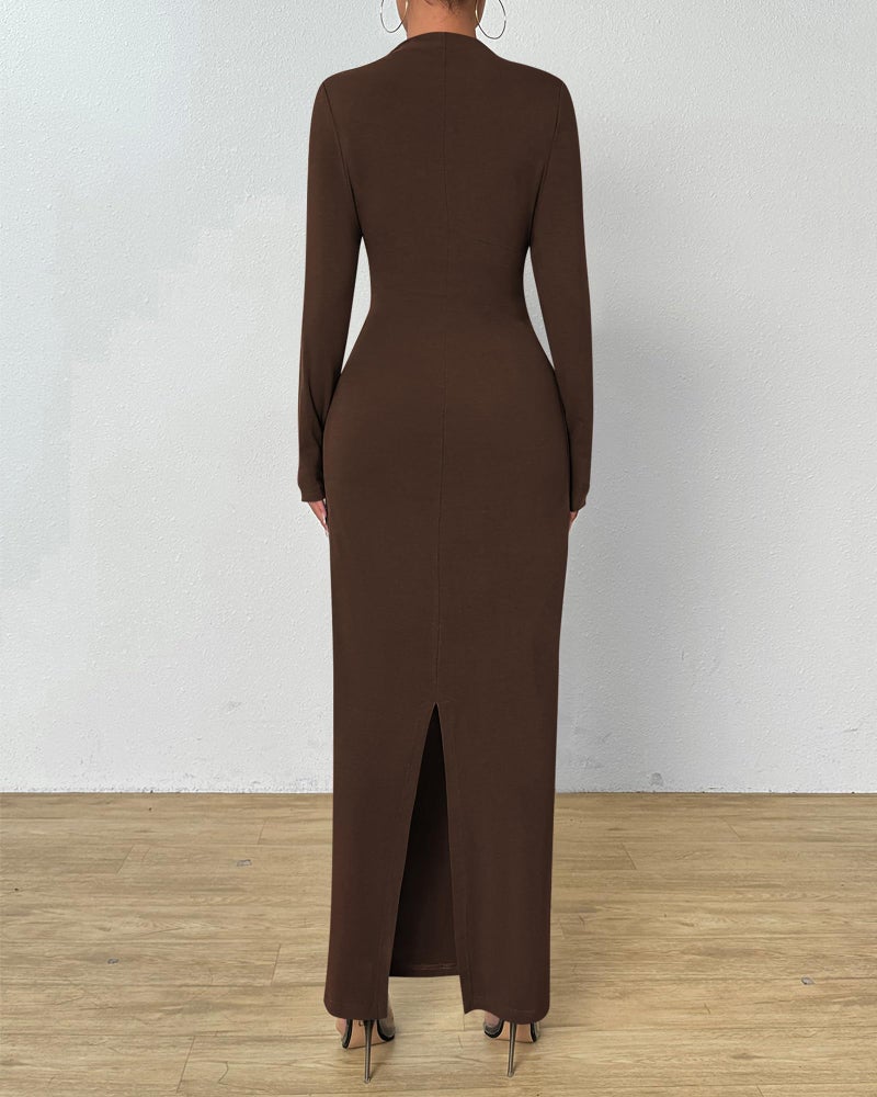 BTFBM Women Bodycon Maxi Dress Long Sleeve Back Slit Ruched Elegant Party Cocktail Formal Fall Wedding Guest Dresses(Brown, Medium) - Image 3