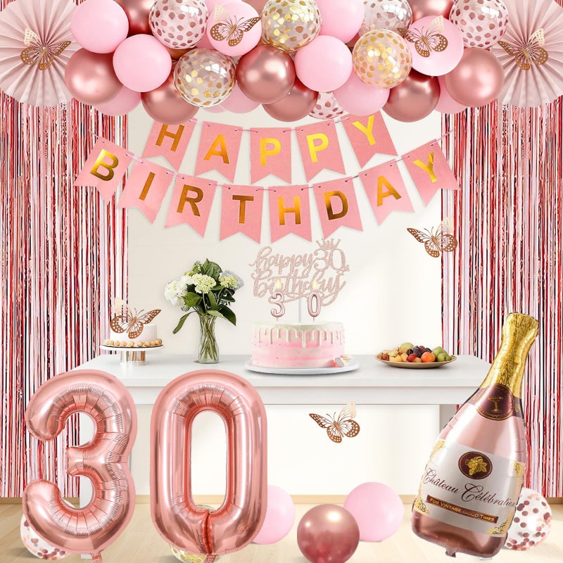 Juesly 30th Birthday Decorations for Women, Rose Gold Happy 30th Birthday Decorations for Her, 30 Sash and Crown, Banner, Fringe Curtains, Hanging Paper Fans, 30 Year Old Party Supplies Set - Image 5
