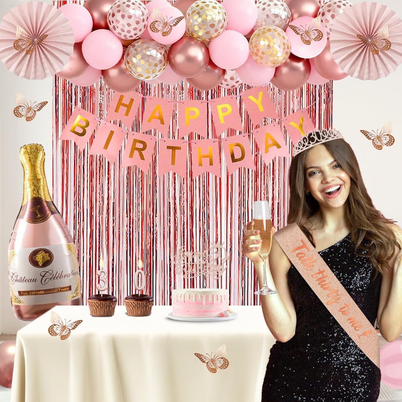 Juesly 30th Birthday Decorations for Women, Rose Gold Happy 30th Birthday Decorations for Her, 30 Sash and Crown, Banner, Fringe Curtains, Hanging Paper Fans, 30 Year Old Party Supplies Set - Image 2