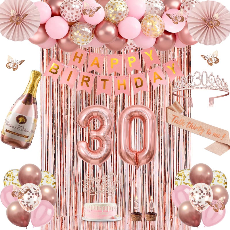 Juesly 30th Birthday Decorations for Women, Rose Gold Happy 30th Birthday Decorations for Her, 30 Sash and Crown, Banner, Fringe Curtains, Hanging Paper Fans, 30 Year Old Party Supplies Set - Image 1