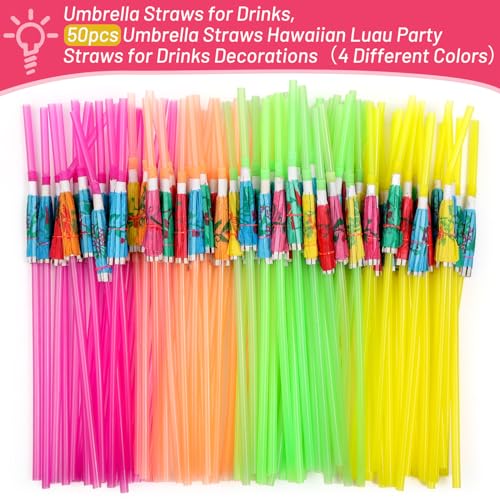 Paxcoo 50pc Umbrella Straws for Cocktails, Tropical Hawaiian Luau Party Decorations (Assorted Colors) - Image 3