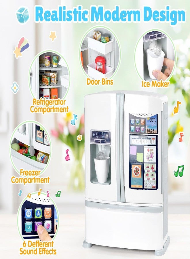 PLAY Refrigerator Toy Fridge with Ice Dispenser, Kids Pretend Play Kitchen Accessories with Toy Food Drink Bottles Milk Cans, Play Kitchen Appliances Set for Girls Age 3+, White - Image 3