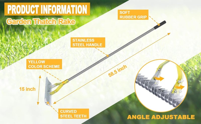 BARAYSTUS Thatch Rake, 15-Inch Wide Lawn Thatching Rake for Cleaning Dead Grass, Efficient Steel Metal Lawn Grass Rake with Stainless Steel Handle, Lawn loosening Soil Rake, 58.5-Inch Length. - Image 3