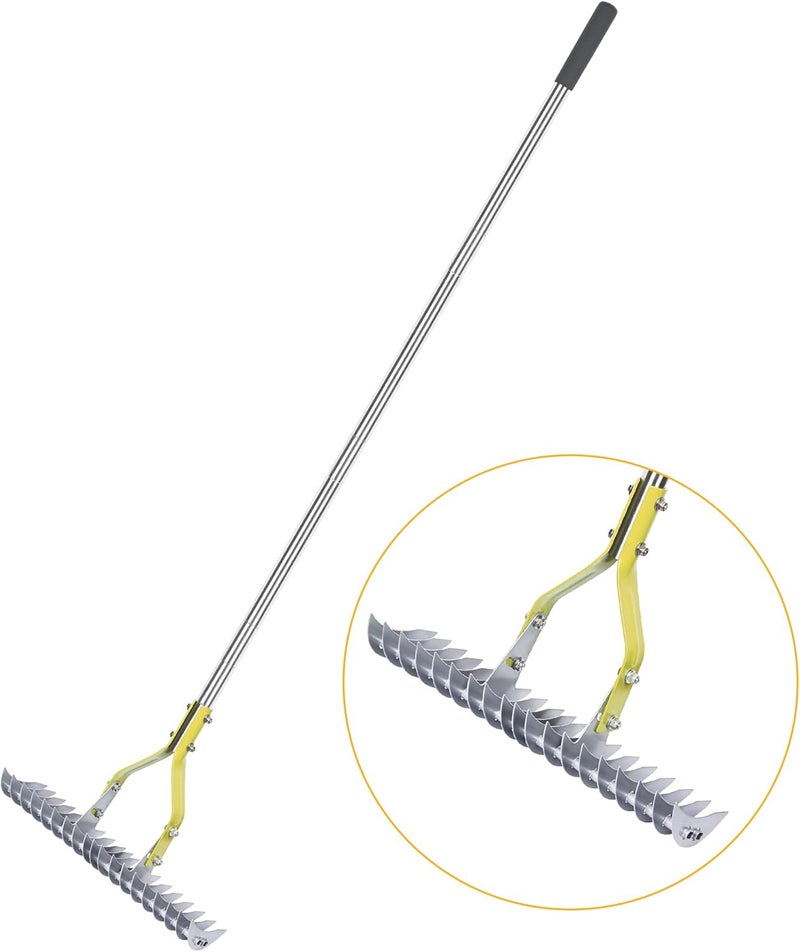 BARAYSTUS Thatch Rake, 15-Inch Wide Lawn Thatching Rake for Cleaning Dead Grass, Efficient Steel Metal Lawn Grass Rake with Stainless Steel Handle, Lawn loosening Soil Rake, 58.5-Inch Length. - Image 1