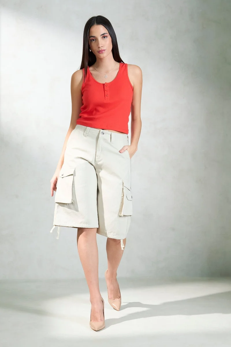 فيرجيو توب بدون أكمام قطن 100% فيرجيو أحمر ناري بفتحة رقبة دائرية